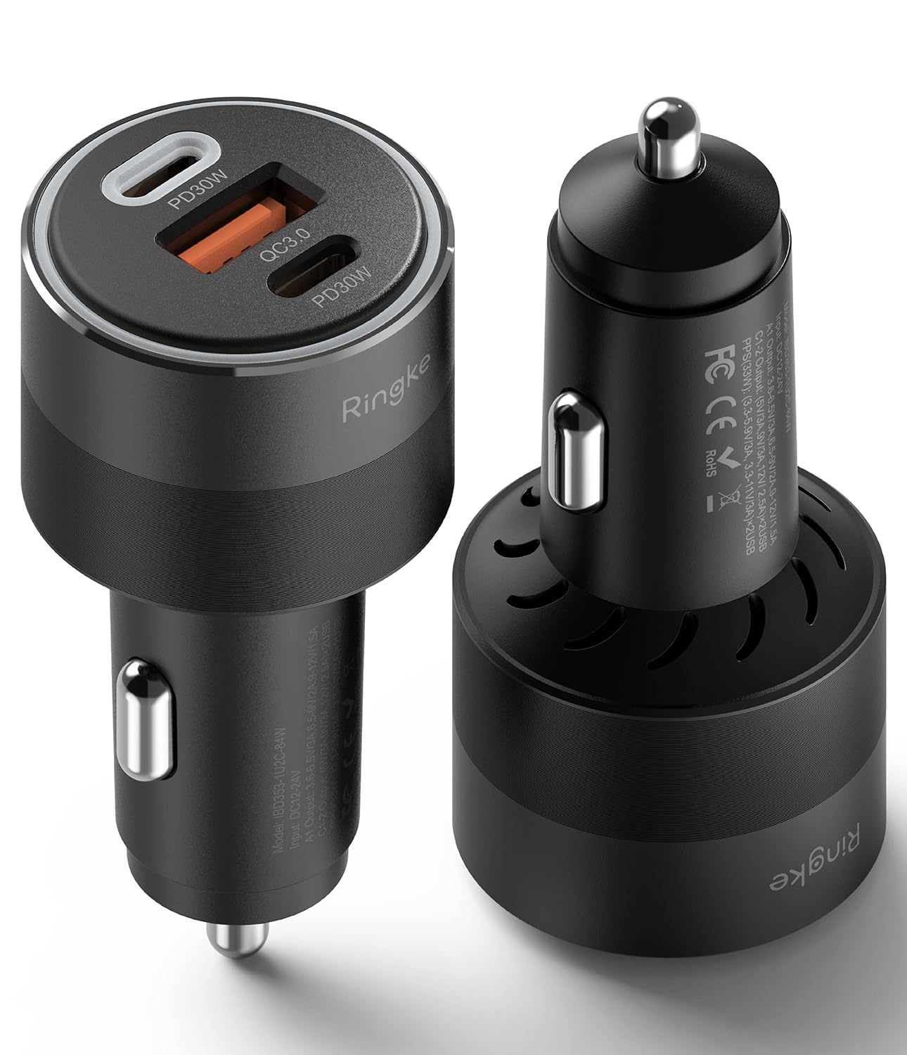 Ringke Car Charger, Fast Charge 12V USB Socket Type C Adapter with LED Light for Mobile Phone, 3-Port Black
