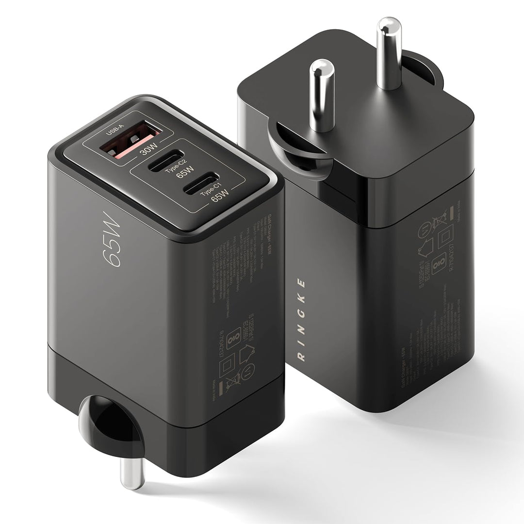 Ringke 65W GaN 3-Port Fast Charger (USB A + Type C + Type C) - Black (2 Years Warranty*)