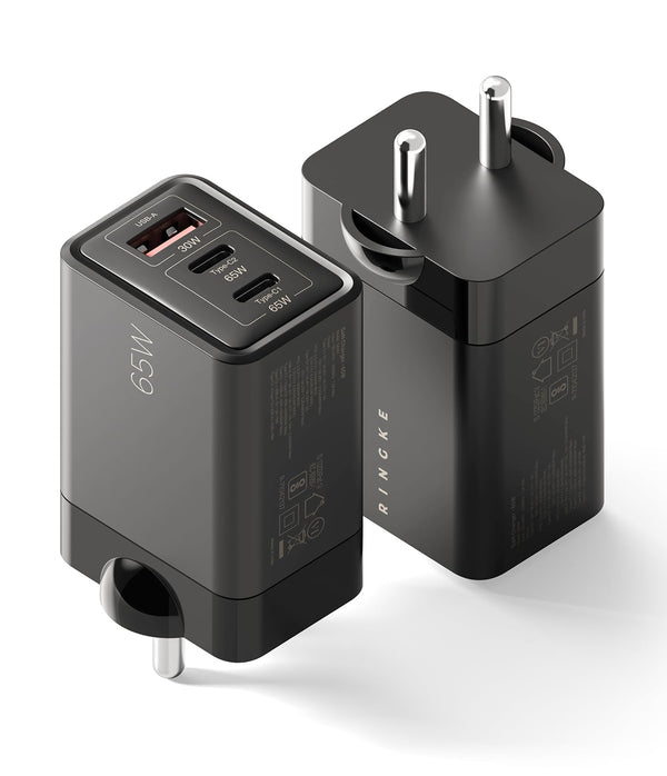 Ringke 65W GaN 3-Port Fast Charger (USB A + Type C + Type C) - Black (2 Years Warranty*)