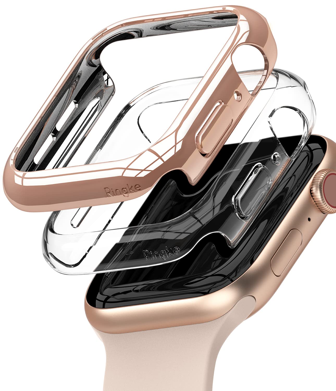 Slim Case Compatible with Apple Watch Series 6 / 5 / 4 / SE 44mm - Clear & Chrome Rose Gold (2 Pack)