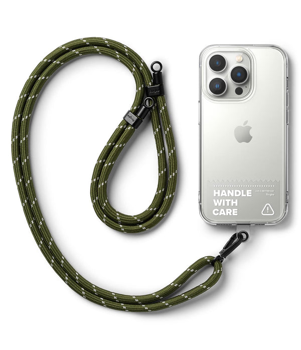 Ringke Adjustable Crossbody Polyester Rope Lanyard (Holder Link Strap with Clear TPU Tag) - Khaki & White