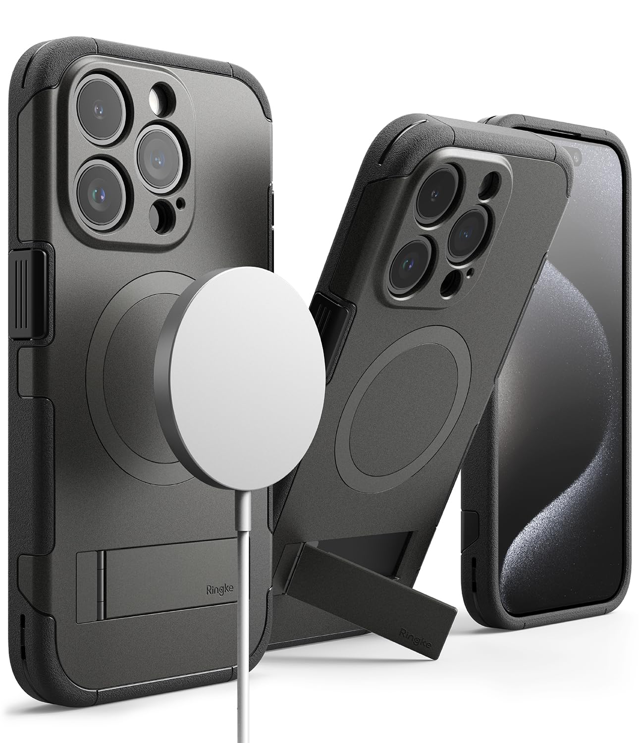 (Refurbished) Ringke iPhone 15 Pro Max Back Cover Case, with Adjustable Angle Stand Alles - Gun Metal