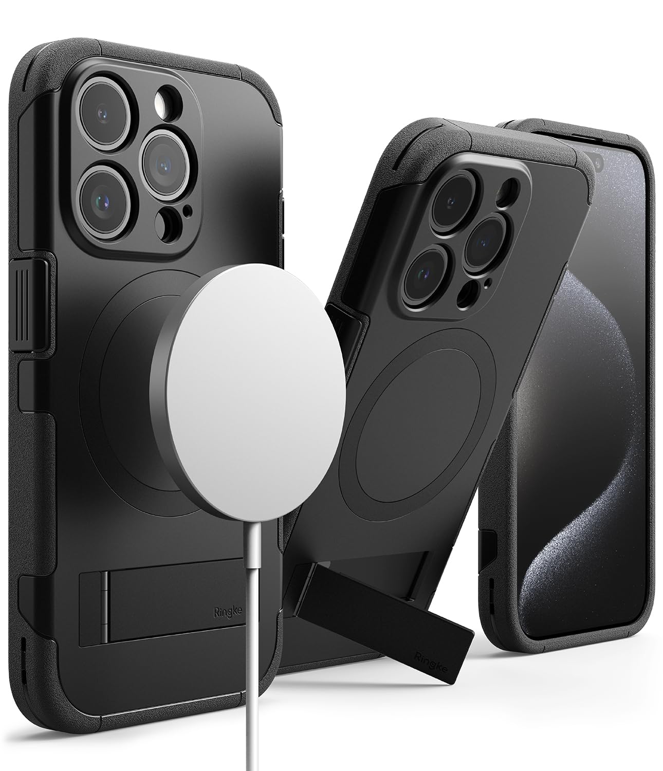 (Refurbished) iPhone 15 Pro Back Cover case | Magnetic Alles Stand - Black