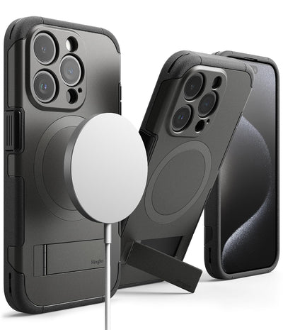 (Refurbished) iPhone 15 Pro Back Cover case | Magnetic Alles Stand - Gun Metal