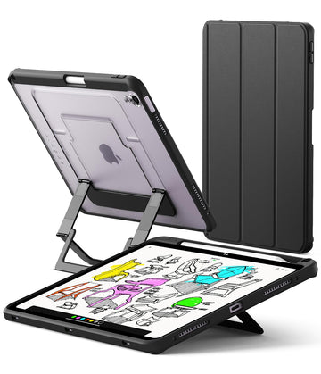iPad Air 11" M4 / M3 / M2 (2026 / 2025 / 2024), iPad Air 10.9" 5th / 4th (2022 / 2020) Tri-Fold Folio Back Cover Case with Multiverse Metal Stand - Black