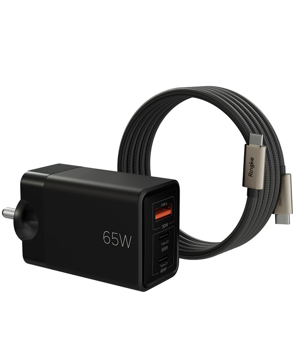 Ringke 65W GaN 3-Port Fast Charger (+) USB 3.2 Gen 2x2 Type-C Fast Charging & Data Cable - 1m (Black)