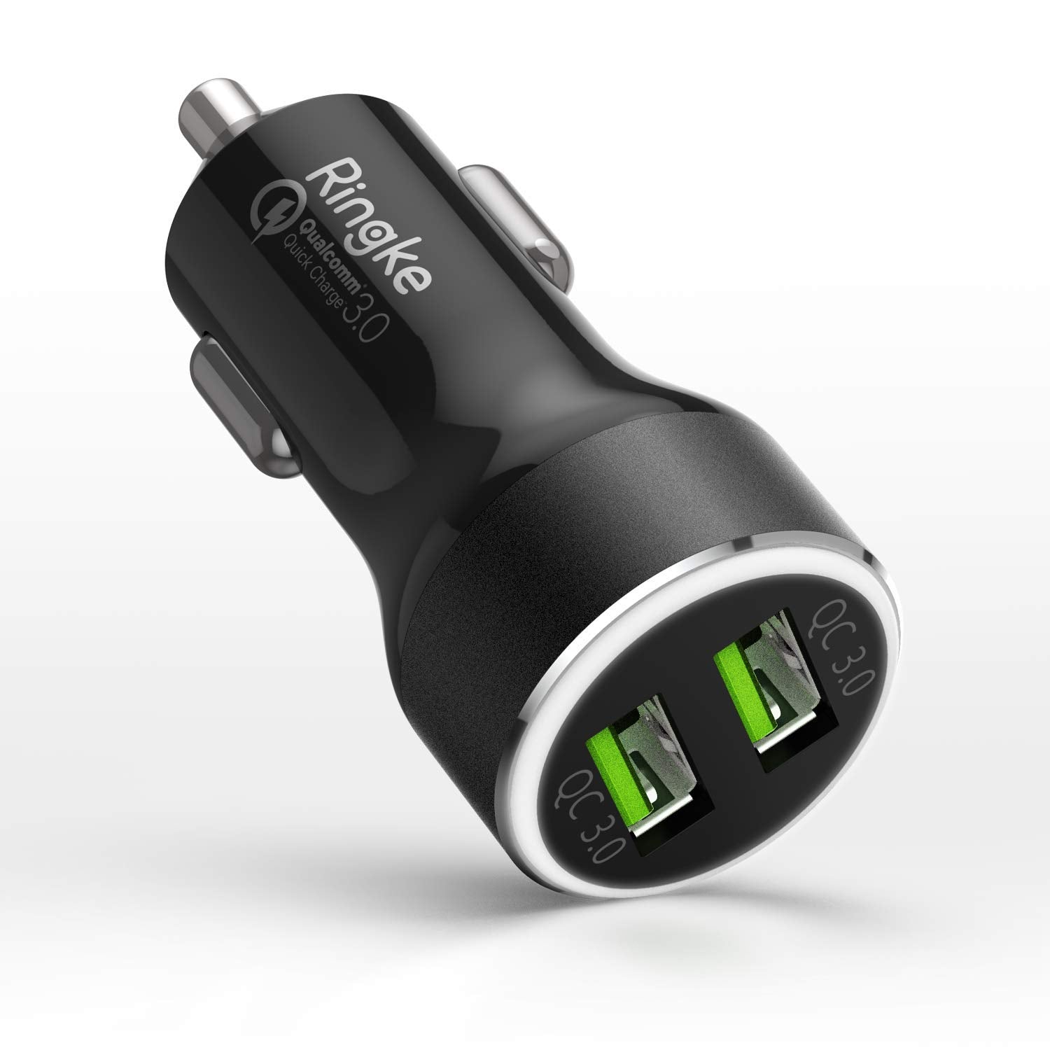 Ringke RealX2 Quick Charge Compatible with Most Smartphones, Compact Car Charger Dual 3.0 USB Port Output 3A LED Light [Black]