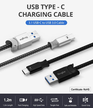 Braided Nylon Smart Fish Data Charging Cable USB C to USB A [1.2M] Black + Gray (2 Pack)